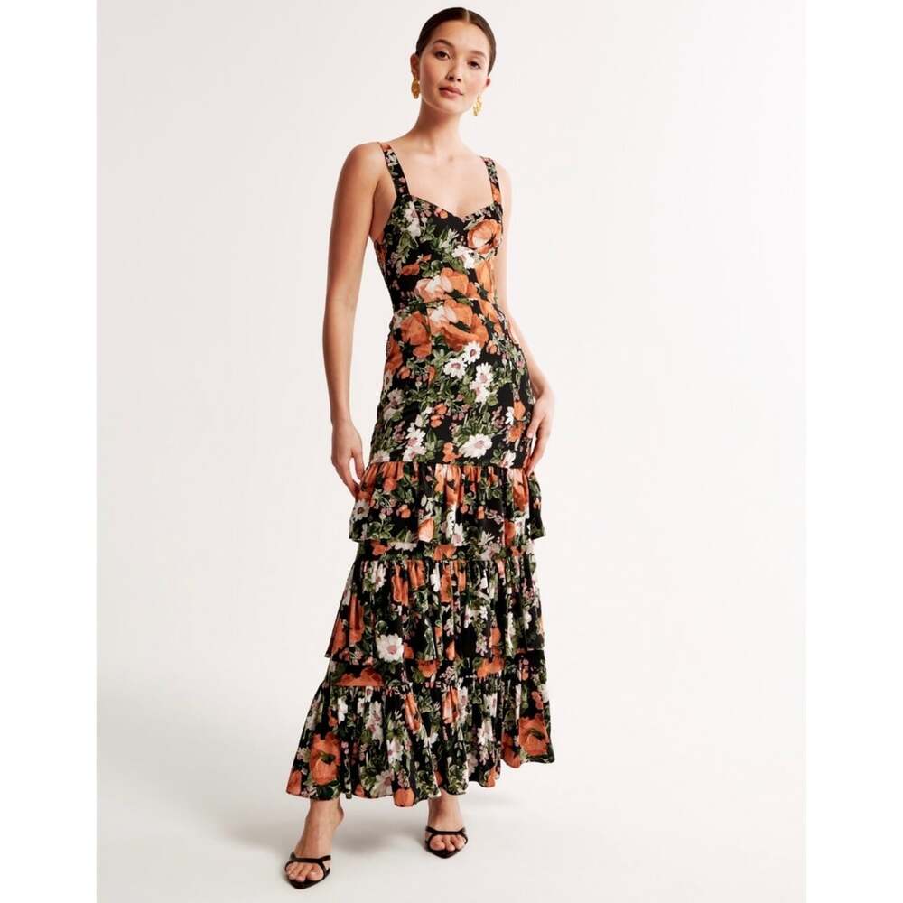 Abercrombie & Fitch Ruffle Tiered Floral Maxi Dress Black Size XS